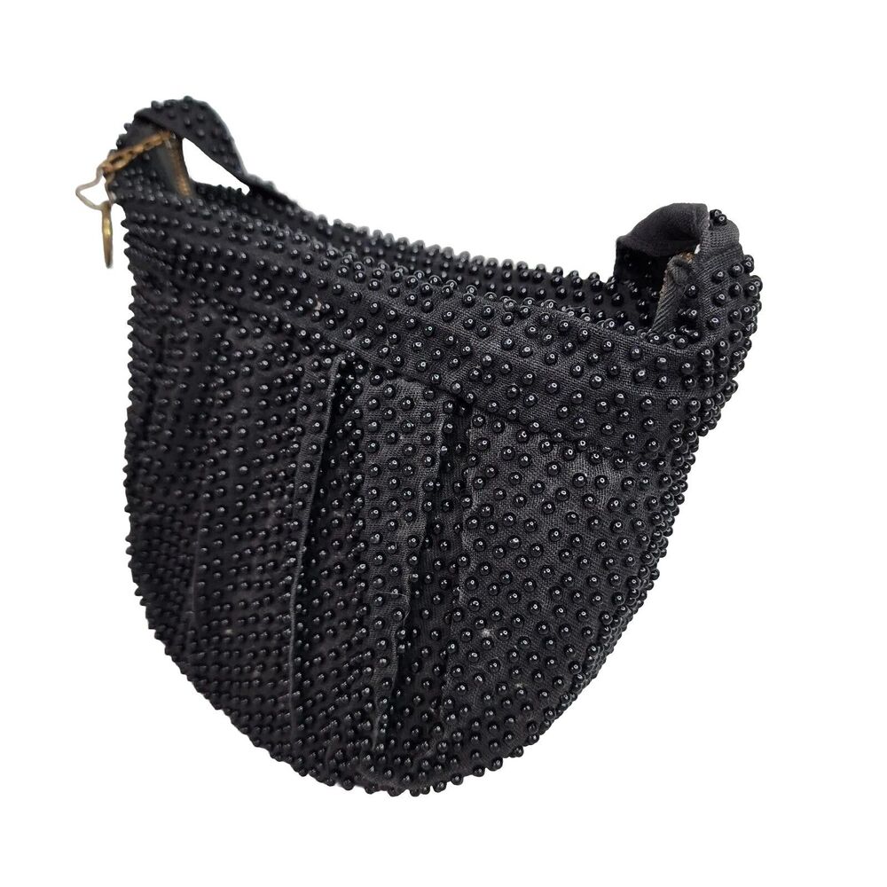 Vintage Plastic Beaded Bag Pleated Satchel Crescent Black Zippered Closure - Picture 5 of 16